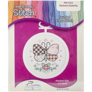 Janlynn Mini Counted Cross Stitch Kit 2.5 inch Round Patchwork Butterfly 18 Count