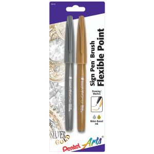 Pentel Arts Sign Pens With Brush Tip 2 Per Pkg Gold And Silver