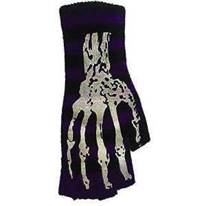 Halloween Wholesalers Striped Short Fingerless Gloves with Skeleton Print Purple