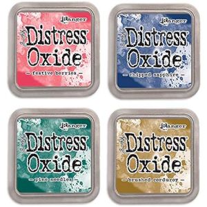 Ranger Tim Holtz Ranger Distress Oxide Ink Bundle Four 3 X 3 Pads M Merry Festive Berries Chipped Sapphire Pine Needles And Brushed Corduroy 