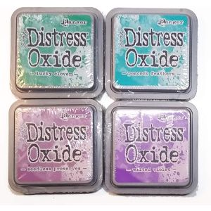 Ranger Tim Holtz Ranger Distress Oxide Ink Bundle Four 3 X 3 Pads Q Queen S Coronet Lucky Clover Peacock Feathers Wilted Violet Seedless Preserves 