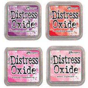 Tim Holtz Ranger Distress Oxide Ink Bundle Four 3 x 3 Pads D Seedless Preserves Candied Apple Pickled Raspberry and Worn Lipstick 