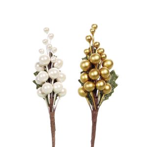Christmas Floral Berry Spray Assorted Pearl White And Gold 6 Inches