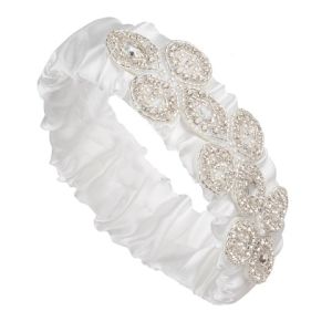 David Tutera White Satin Wedding Garter With Embellished Silver Oval Designs

