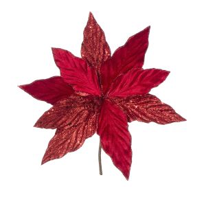 Red Velvet Poinsettia Pick With Glitter 11.5 X 11.75 Inches