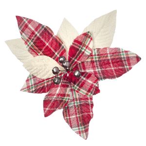 Christmas Floral Ivory and Plaid Poinsettia Pick with Bells
