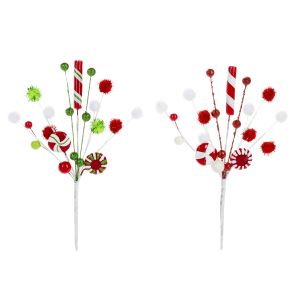 Christmas Floral Peppermint Pick With Pom Poms Assorted Colors 6 X 9.75 Inches