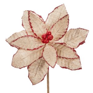 Darice Burlap Poinsettia Pick Glitter Red And Natural 8 Inches