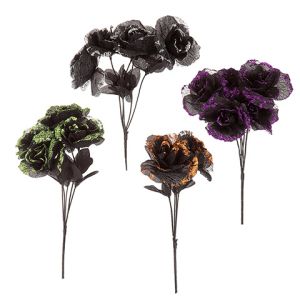 Halloween Rose Bush Glitter Black 13 Inches 4 Assorted Styles
