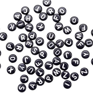 Acrylic Alphabet Beads Round Black with White Letters 7mm