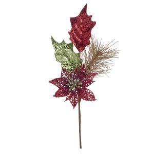 Glitter Mixed Poinsettia Pick Red Green 3 X 8.5 Inches