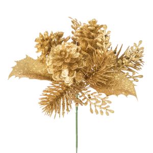 Glitter Holly And Pinecone Pick Gold 5 X 7 Inches