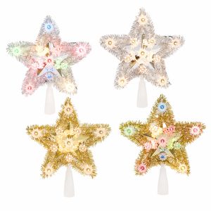 Christmas Decoration Tinsel Star Tree Topper with Mini Lights 8.5 inches 4 assorted colors