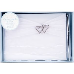 Guest Book Set with Pen 6 X 9 Inches White Organza Ruffle