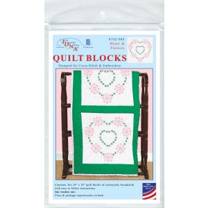 Jack Dempsey Stamped White Quilt Blocks 18 inch X18 inch 6 Per Pkg -Heart & Flowers