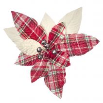  Christmas Floral Ivory and Plaid Poinsettia Pick with Bells